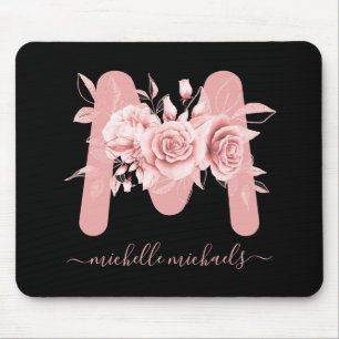 Roos Gold Black Floral Waterverf Monogram Muismat