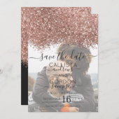 Roos Gold Black Glitter Confetti Photo Weddenschap Save The Date (Voorkant / Achterkant)
