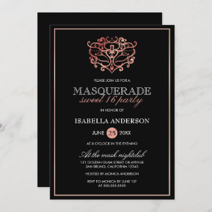 Roos Gold & Black Masquerade Sweet 16 Typografie Kaart