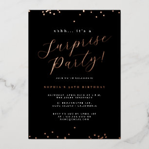 Roos Gold Black Script Confetti Surprise Party Folie Uitnodiging