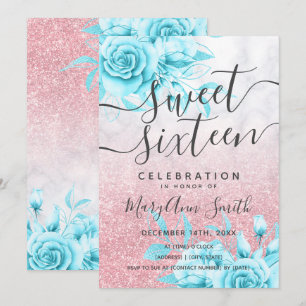 Roos Gold Blauwgroen marmer Floral Glitter Sweet 1 Kaart
