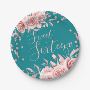 Roos Gold Blauwgroen Sweet 16 Glitter Confetti Flo Papieren Bordje