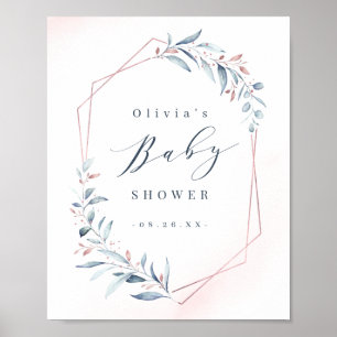 Roos Gold Blue Greenery Geometric Baby shower Poster