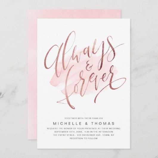Roos Gold Blush Altijd en altijd met script bruilo Kaart (Voorkant / Achterkant)