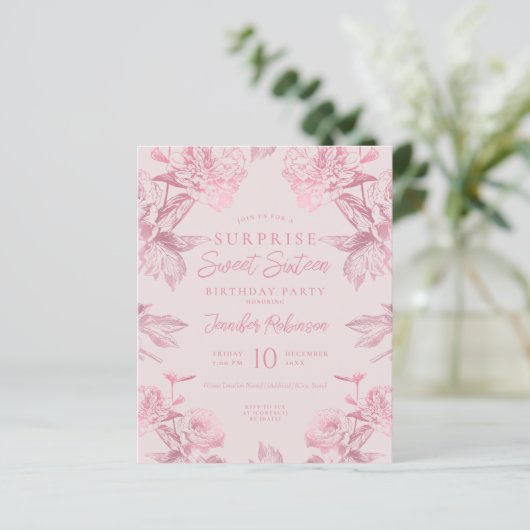 Roos Gold Blush Bloemen VERRASSING Sweet 16 Invite (Staand voorkant)