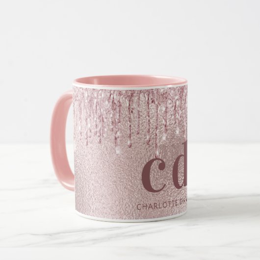 Roos Gold Blush Druppels Monogram Naam Mok (Voorkant links)