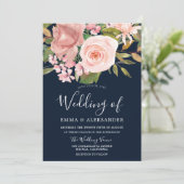 Roos Gold Blush Flowers Navy Wedding Kaart (Staand voorkant)