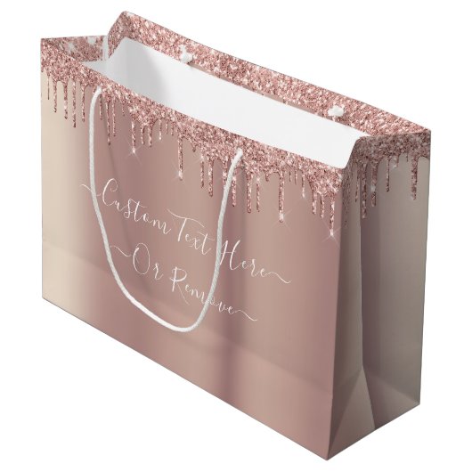 Roos Gold Blush Glitter Custom Text Gift Bag Groot Cadeauzakje (Voorkant Gekanteld)