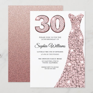 Roos Gold Blush Glitter Dress 30th Birthday Party Kaart