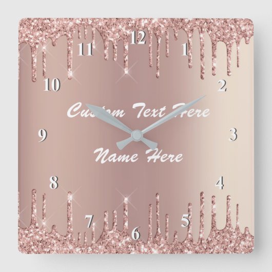 Roos Gold Blush Glitter Drift Jouw tekst wandklok Vierkante Klok (Voorkant)