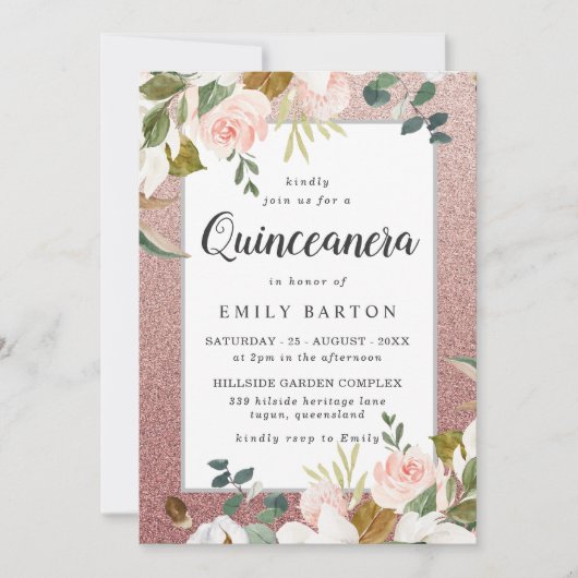 Roos Gold Blush Glitter Floral Modern Quinceanera Kaart (Voorkant)