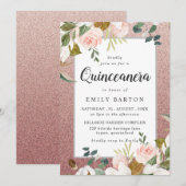 Roos Gold Blush Glitter Floral Modern Quinceanera Kaart (Voorkant / Achterkant)