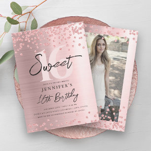 Roos Gold Blush Glitter Foto Sweet 16 Party Kaart