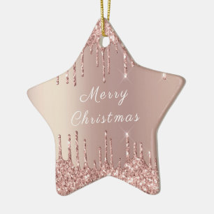 Roos Gold Blush Glitter Sparkle Drift Kerstmis Keramisch Ornament