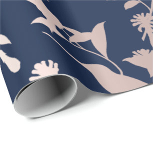 Roos Gold Blush Hummingbird Flowers Blue Navy Cadeaupapier
