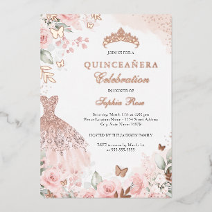 Roos Gold Blush Jurk Bloemen Quinceanera Folie Uitnodiging