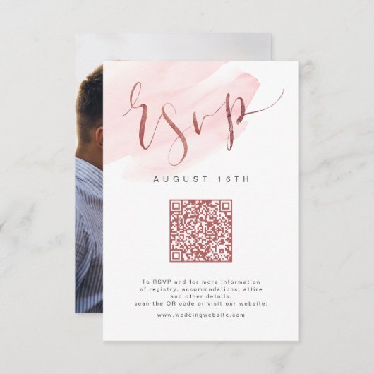 Roos Gold Blush Modern Script bruiloft QR-code RSVP Kaartje (Voorkant / Achterkant)