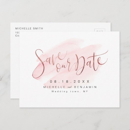 Roos Gold Blush Modern Simple Script Save the Date Aankondigingskaart (Voorkant / Achterkant)