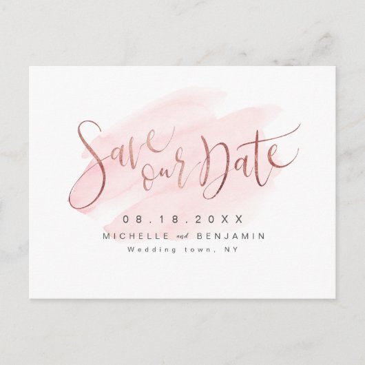 Roos Gold Blush Modern Simple Script Save the Date Aankondigingskaart (Voorkant)
