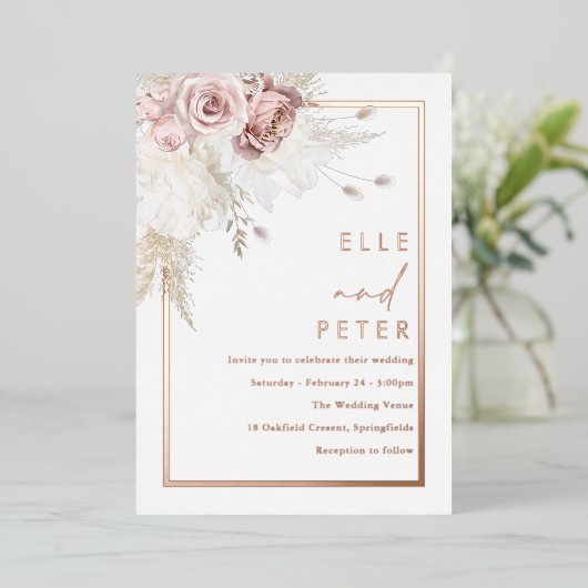 Roos Gold & Blush Mooie bruiloft Folie Uitnodiging (Staand Voorkant)