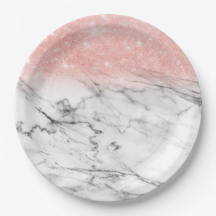 Roos Gold Blush Ombre Glitter op Trendy Marble Papieren Bordje