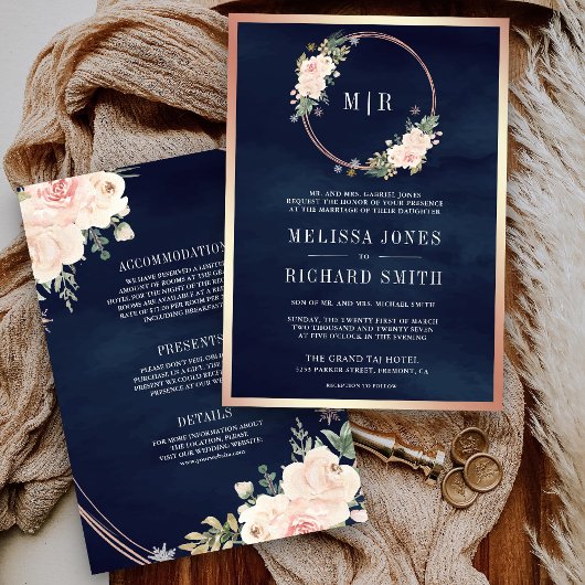 Roos Gold Blush Pink All in One Navy Blue Wedding Kaart