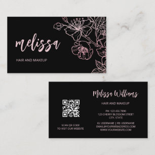 Roos Gold Blush Pink Black Floral QR-code Busine Visitekaartje