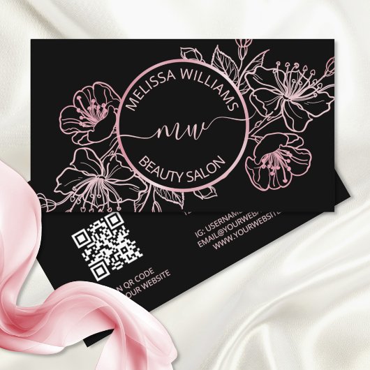 Roos Gold Blush Pink Black Floral | QR-code Visitekaartje