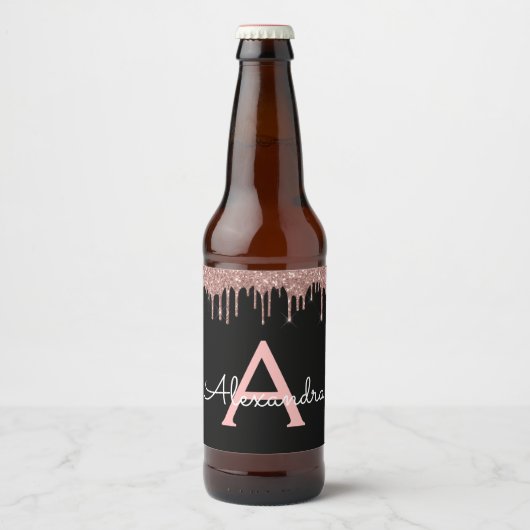 Roos Gold - Blush Pink Black Glitter Monogram Naam Bier Etiket (Voorkant)