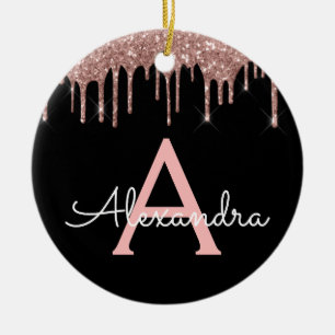 Roos Gold - Blush Pink Black Glitter Monogram Naam Keramisch Ornament