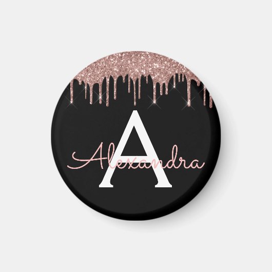 Roos Gold - Blush Pink Black Glitter Monogram Naam Magneet (Voorkant)