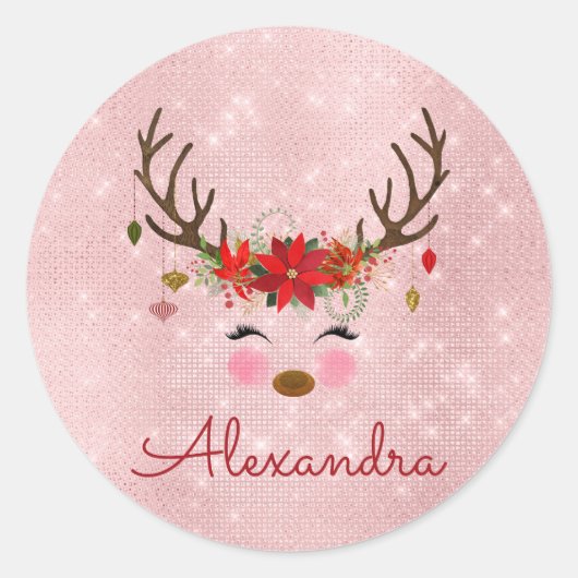 Roos Gold - Blush Pink Christmas Rendier Monogram Ronde Sticker (Voorkant)