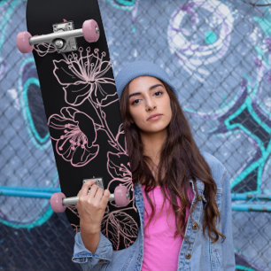 Roos Gold Blush Pink Floral Line Art Skateboard