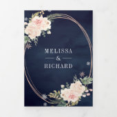 Roos Gold Blush Pink Floral QR Code Navy Weddensch Drieluik Uitnodiging (Cover)