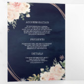Roos Gold Blush Pink Floral QR Code Navy Weddensch Drieluik Uitnodiging (Binnenzijde eerst)
