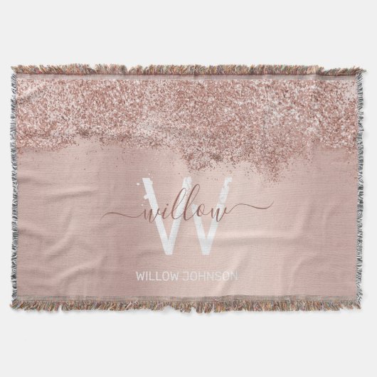 Roos Gold Blush Pink Girly Glitter Dust Monogram Deken (Voorkant)