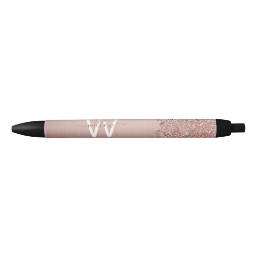 Roos Gold Blush Pink Girly Glitter Dust Monogram Zwarte Inkt Pen (Voorkant)