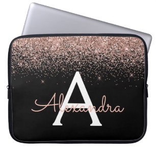 Roos Gold Blush Pink Glitter and Sparkle Monogram Laptop Sleeve