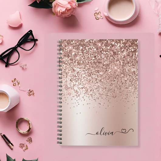 Roos Gold - Blush Pink Glitter Heart Monogram Naam Notitieboek