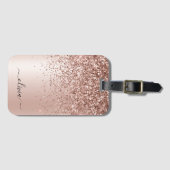 Roos Gold - Blush Pink Glitter Metal Monogram Naam Bagagelabel (Voorkant (horizontaal))
