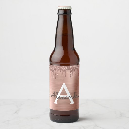 Roos Gold - Blush Pink Glitter Metal Monogram Naam Bier Etiket (Voorkant)