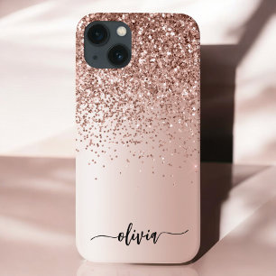Roos Gold - Blush Pink Glitter Metal Monogram Naam iPhone 13 Hoesje