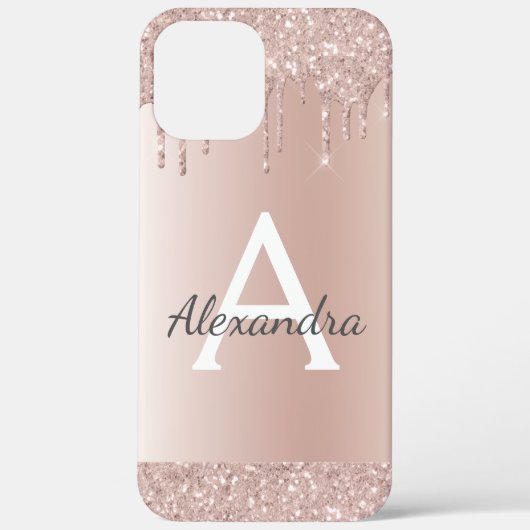 Roos Gold - Blush Pink Glitter Metal Monogram Naam Case-Mate iPhone Case (Achterkant)