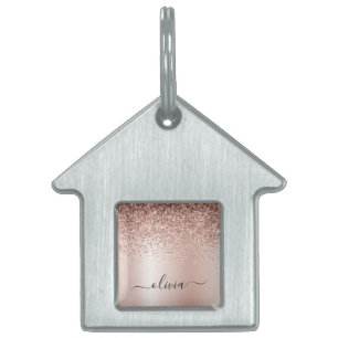 Roos Gold - Blush Pink Glitter Metal Monogram Naam Huisdieren Naamplaatje