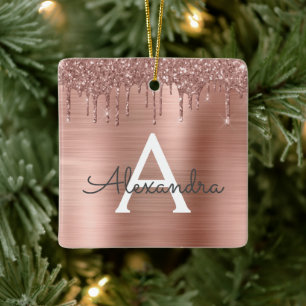 Roos Gold - Blush Pink Glitter Metal Monogram Naam Keramisch Ornament