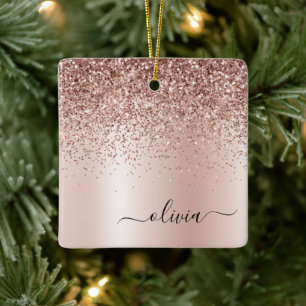 Roos Gold - Blush Pink Glitter Metal Monogram Naam Keramisch Ornament