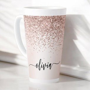 Roos Gold - Blush Pink Glitter Metal Monogram Naam Latte Mok