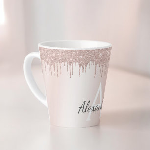 Roos Gold - Blush Pink Glitter Metal Monogram Naam Latte Mok
