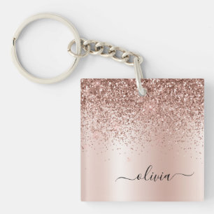 Roos Gold - Blush Pink Glitter Metal Monogram Naam Sleutelhanger