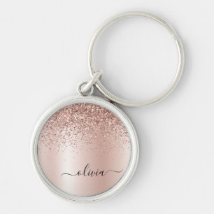 Roos Gold - Blush Pink Glitter Metal Monogram Naam Sleutelhanger